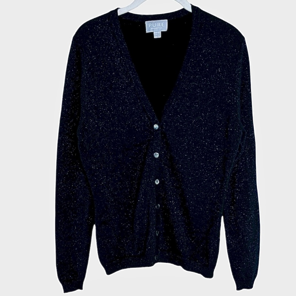 Pure Collection Black Cashmere V-Neck Cardigan Sweater with Blue Metallic Flecks